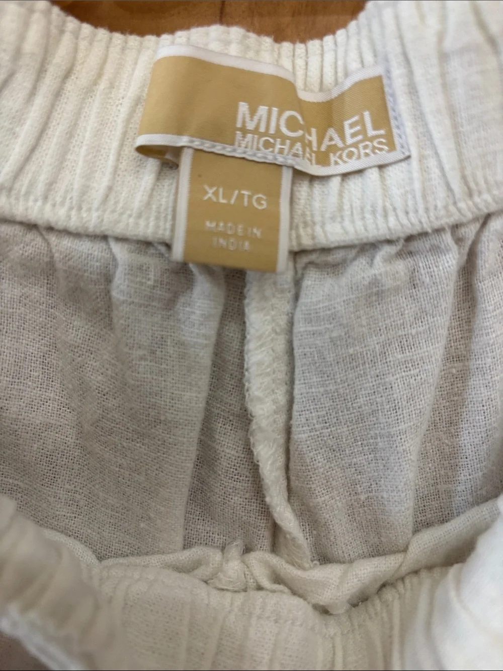 White Michael Kors Linen Drawstring Pants with Gold Accents